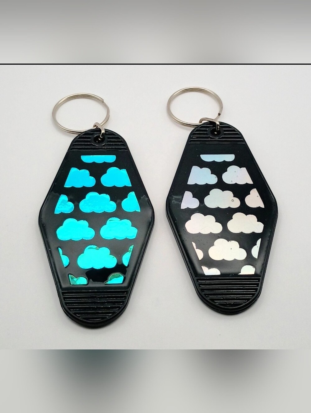 Cloud Pattern Black Keychain with Iridescent Teal Accents - Picture 1 of 1